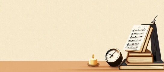 Poster - Books, music sheet, clock, and candle on a table.