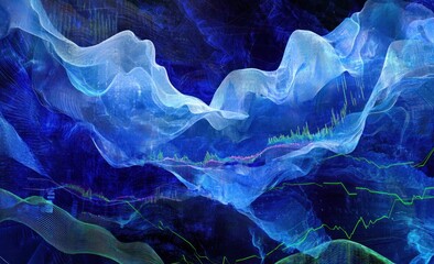 Aufkleber - Abstract blue digital landscape with flowing lines and data charts.