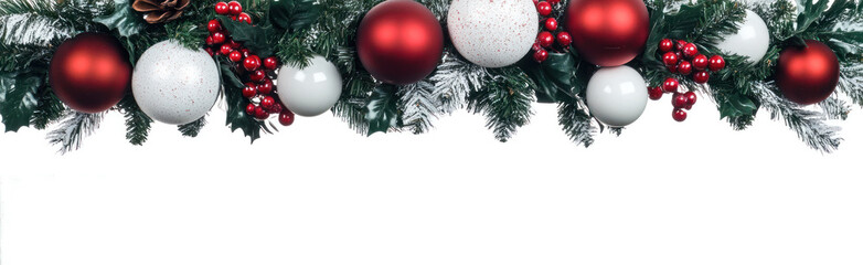 Wall Mural - christmas festive holiday decoration with a border of pine branches, red berries, and various christ