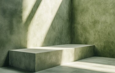 Poster - Minimalist green concrete platform in sunlit room.