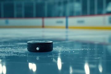 Wall Mural - Close-up of hockey puck on ice rink.