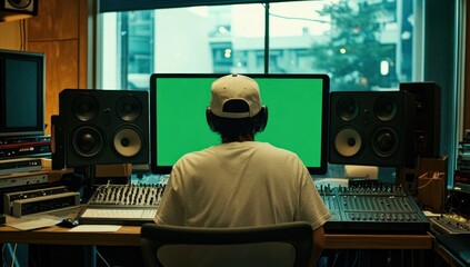Poster - Person in recording studio with green screen monitor.