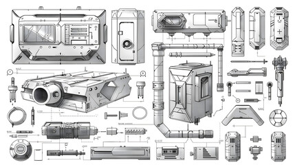 Sci Fi Blueprint  Futuristic Tech  Spaceship Parts  Engineering Design