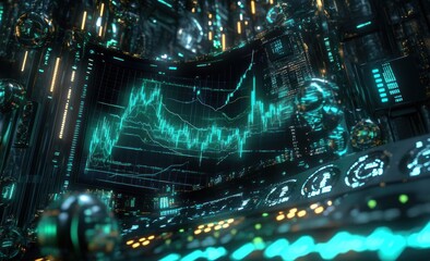 Poster - Futuristic stock market data displayed on a large screen within a complex technological environment.