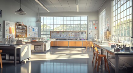 Poster - Sunlit science classroom with lab equipment, tables, and chairs.