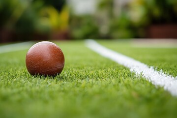 Poster - Brown ball on green artificial turf near white lines.