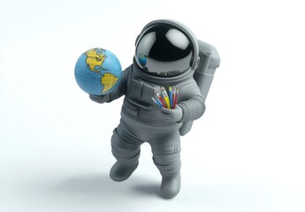 Poster - Astronaut holding globe and colored pencils.