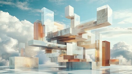 Poster - Modern Abstract Architecture with Glass and Metal Elements in Clouds