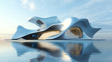 Poster - Futuristic Abstract Building on Calm Water Under Blue Sky