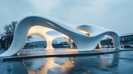 Poster - Futuristic Architectural Design of Curvilinear Structure at Dusk