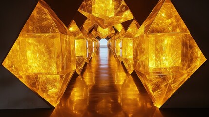 Poster - Illuminated Crystal Tunnel with Golden Light Reflection