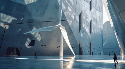 Poster - Futuristic Industrial Space with Wind Turbine and Modern Architecture