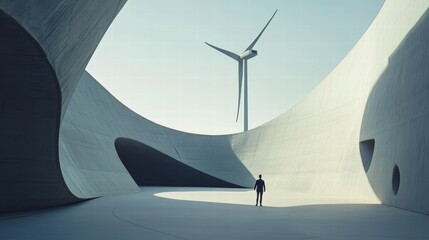 Poster - Modern Architecture Landscape with Wind Turbine and Person Standing