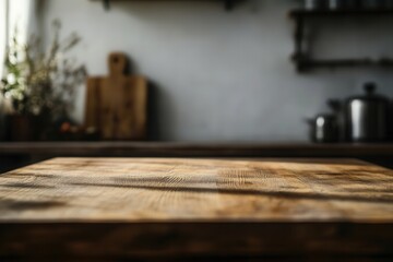 Poster - Wooden kitchen table with soft lighting and blurred background.