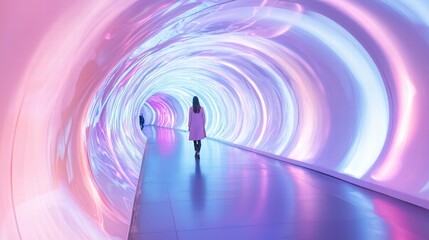 Poster - Futuristic Light Tunnel with Colorful Swirling Patterns and Reflection