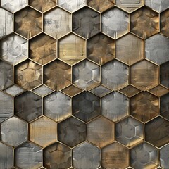Aufkleber - Abstract hexagonal pattern with metallic textures and golden accents