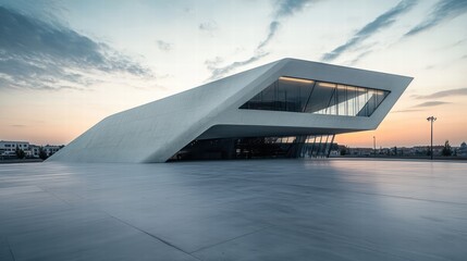 Poster - Modern Architectural Structure with Unique Design Against Sunset Sky