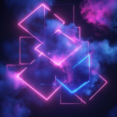 Poster - Abstract Neon Geometric Shapes in Purple and Blue Smoke Background