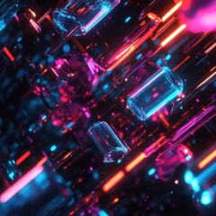 Poster - Abstract Vibrant Neon Lights in Dark Space with 3D Glass Forms