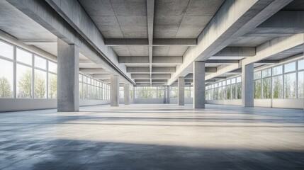 Poster - Bright and Spacious Industrial Interior with Large Windows and Columns
