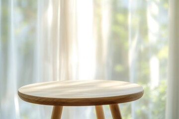Poster - A simple wooden table near sheer curtains and light.