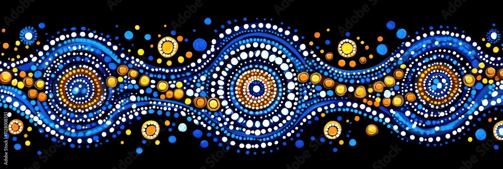 Aboriginal Dot Painting Blue Yellow Patterns Black Background Art Stock ...