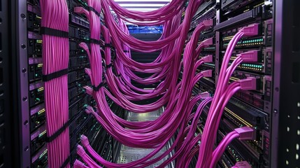 Poster - Colorful Data Center with Pink Cables and Server Racks