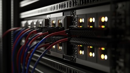Poster - Close-Up View of Server Rack with Colorful Data Cables and Lights