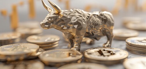 Aufkleber - A golden bull stands atop a pile of coins, symbolizing bullish market trends and cryptocurrency investments.