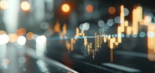 Aufkleber - A visually dynamic scene highlighting financial data with glowing graphs against a blurred urban backdrop, suggesting activity and analysis.