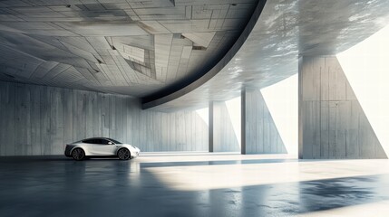 Poster - Modern White Car in Sleek Minimalist Architecture Interior Space