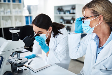 Poster - Science, teamwork and women in lab, microscope and healthcare with test results. People, scientist and medical with professional, equipment or chemistry with breakthrough, mentor and check sample