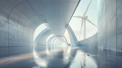 Poster - Modern Architectural Space with Wind Turbines and Reflective Floor