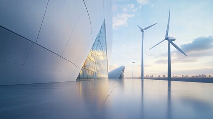 Poster - Modern Architecture with Wind Turbines Against Sunset Sky