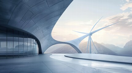 Poster - Modern Architecture with Wind Turbines and Scenic Mountain View