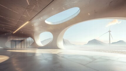 Poster - Modern Architectural Interior with Scenic View of Wind Turbines
