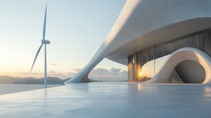 Poster - Modern Architecture with Futuristic Design and Wind Turbines at Sunset