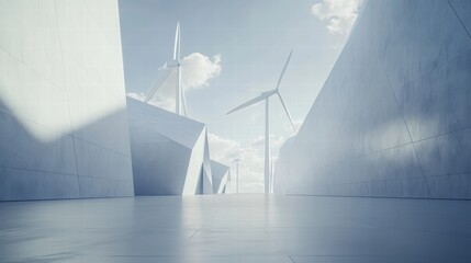 Poster - Futuristic Architectural Landscape with Wind Turbines and Clouds