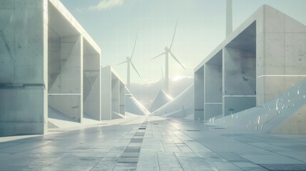 Poster - Futuristic Landscape with Wind Turbines and Geometric Structures