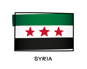 Wall Mural - Flag of Syria of revolution. Colorful Syrian flag logo. Green, white and black brush strokes, hand drawn. Black outline