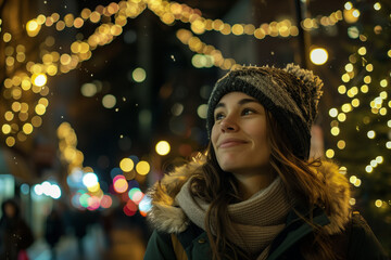  Joyful young woman enjoying christmas lights at festive market evening