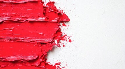 Poster - Vivid red paint is applied in thick strokes on a smooth white surface, showcasing a striking visual contrast and texture