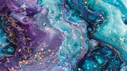 Poster - Fluid art features a stunning blend of dark purple and teal colors with shimmering gold accents, creating a captivating visual experience