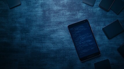 Dark Blue Tech Background Tablet Smartphones Code