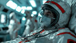 © Anucha - An astronaut in a futuristic spacecraft, resting while wearing a detailed space suit, surrounded by fellow crew members in a high-tech environment.