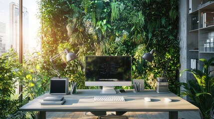 Poster - Modern, sunlit office workspace with a lush vertical garden as a backdrop.