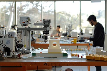 Poster - Robotic Arm Precisely Positioning a White Component in a Design Studio
