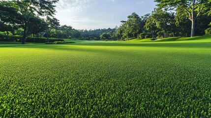 Wall Mural - A golf course fairway with lush green grass, outdoor setting with morning dew, Elegant style