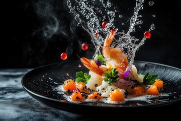 Gourmet shrimp dish with water splash, garnished with edible flowers and black seeds, served on a black plate.