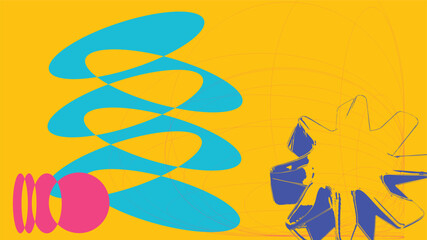 Poster - Abstract Brutalism Shape Decoration Background, Yellow Color, Flat and 3D Chrome Outline art